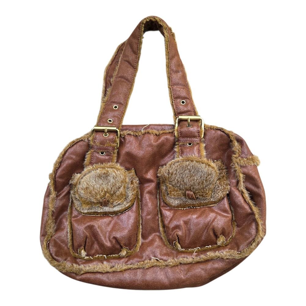 Melie Bianco Tote Bag Womens Brown Faux Fur Adjustable Shoulder Strap Handbag